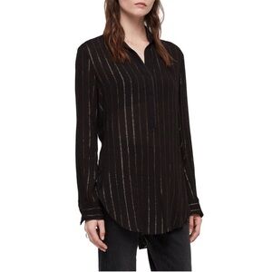 ALL SAINTS Keri Stripe Shirt Black Gold Stripe Side Split Sheer Blouse Sz S